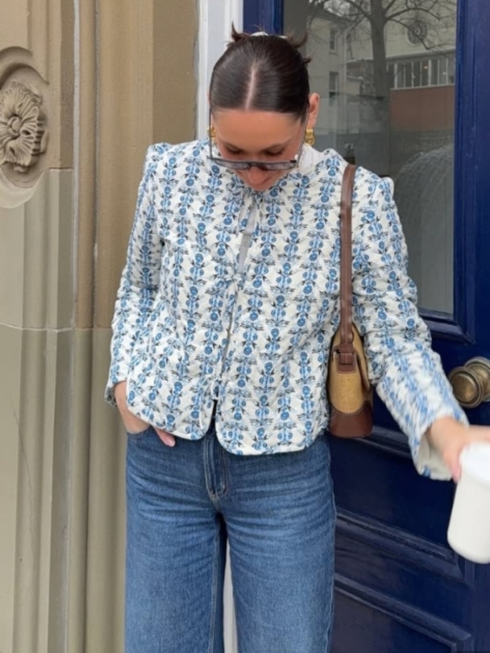 NWT CAROLINE CONSTAS Floral Linen Quilted Bow Jacket Coat